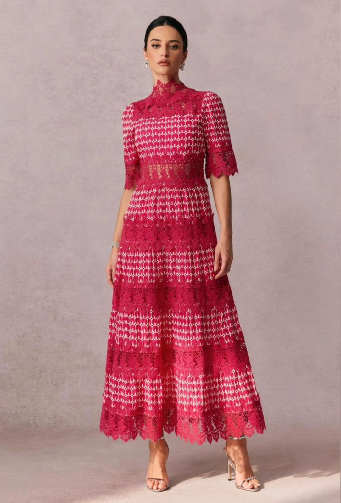 Elegant Lace High-Neck Midi Dress